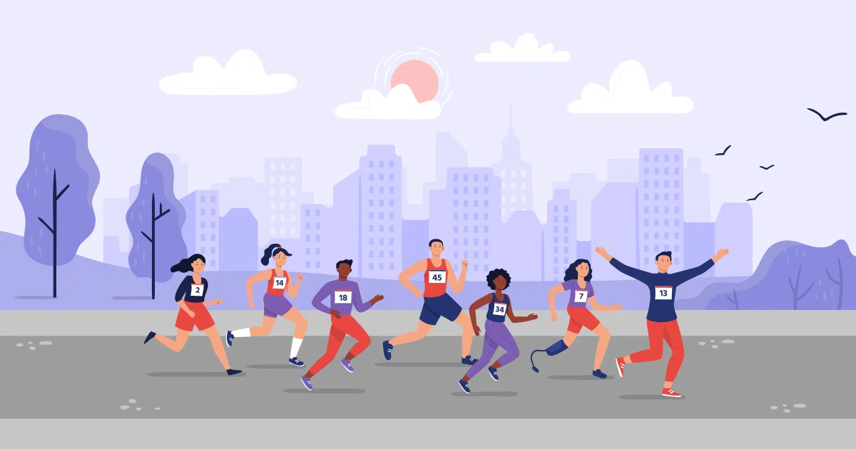Illustrazione di 7 atleti che stanno correndo una maratona per strada.