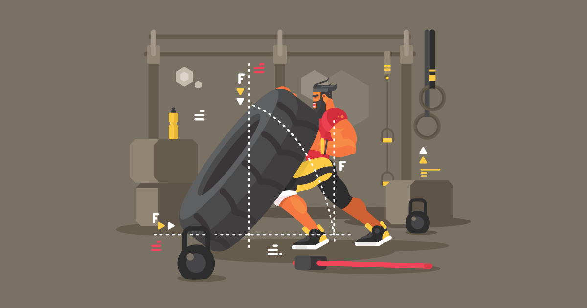 Illustrazione di un atleta di Crossfit mentre sposta un copertone pesante di un trattore.
