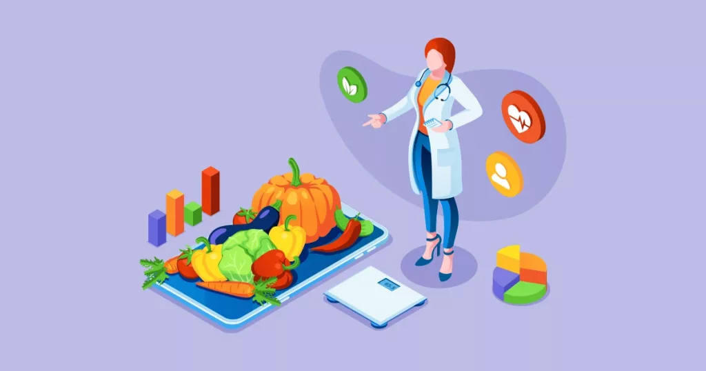 Illustrazione di un dietologo o nutrizionista con verdure su un piatto.
